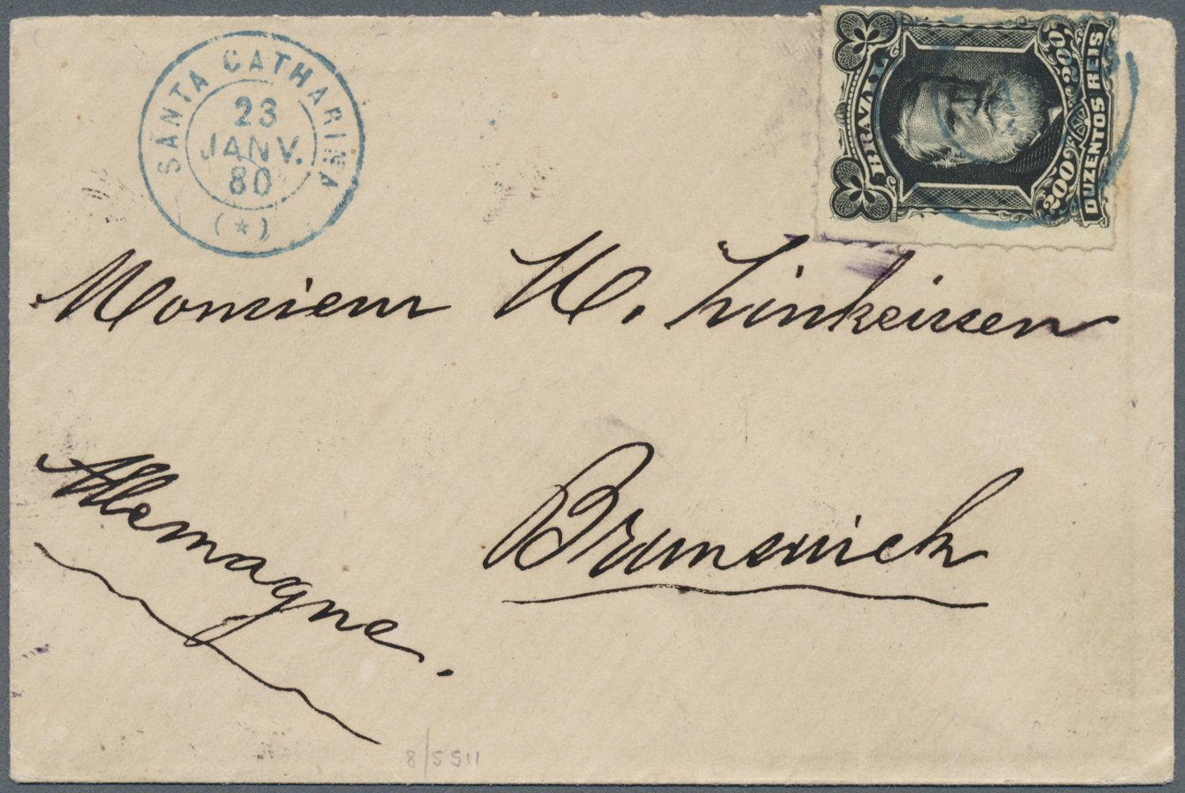 Br Brasilien: 1876, Single Franking 200 R Black, Rouletted, Tied By Violet "SANTA CATHARINA 23 JANV 80" Sent Via Rio De  - Other & Unclassified