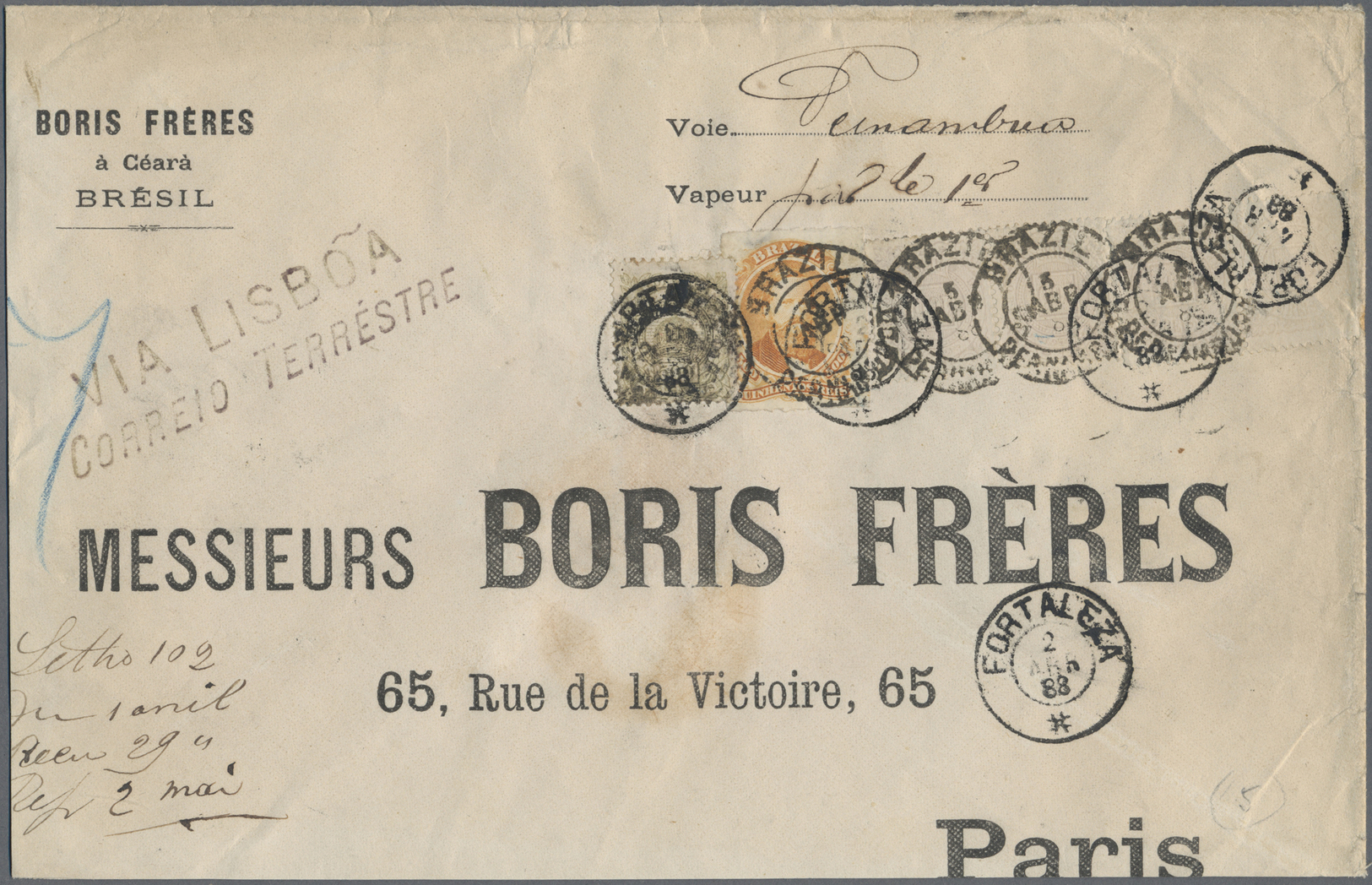 Br Brasilien: 1888, Business Letter From FORTALEZA, Permambuco, "VIA LISBOA CORREIO TERRESTRE" To Paris. Interesting Fra - Other & Unclassified