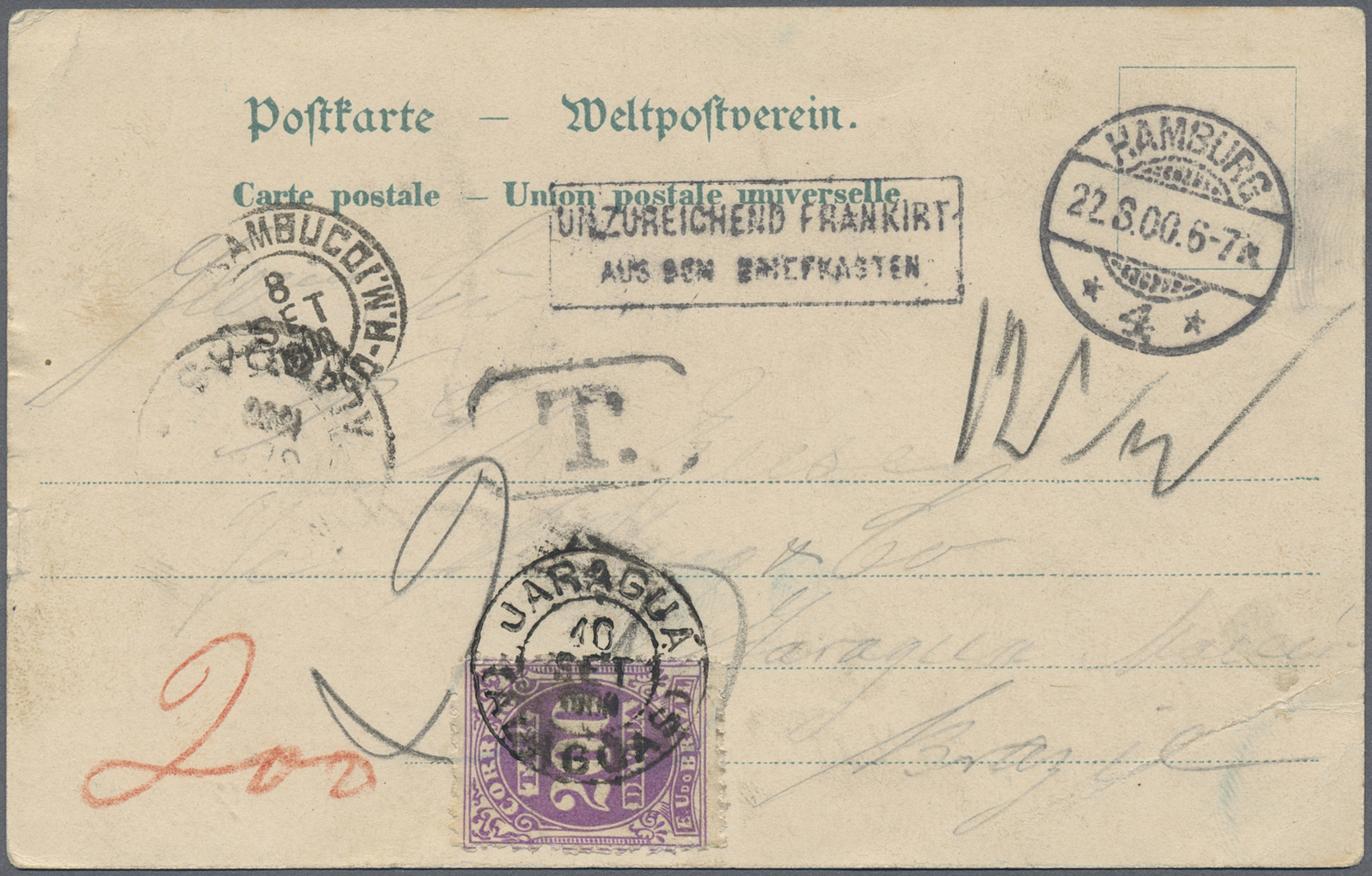 Br Brasilien: 1900, Picture Card Showing DAMPFER DEUTSCHLAND" Sent Without Stamps To Brasil Showing Framed "UNZUREICHEND - Other & Unclassified