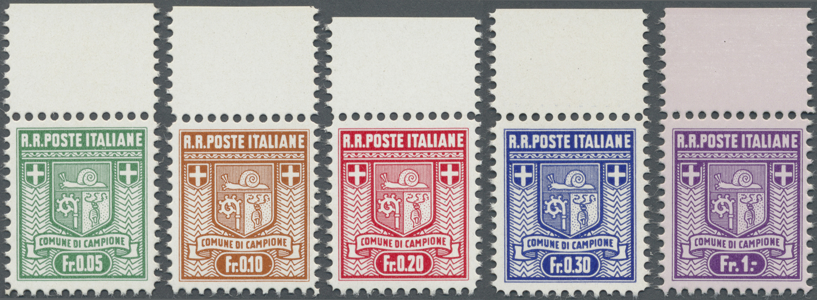 ** Italien - Alliierte Militärregierung - Campione: 1944, 0.05 Fr To 1.00 Fr Coat Of Arms Complete With Upper Mar - Non Classificati