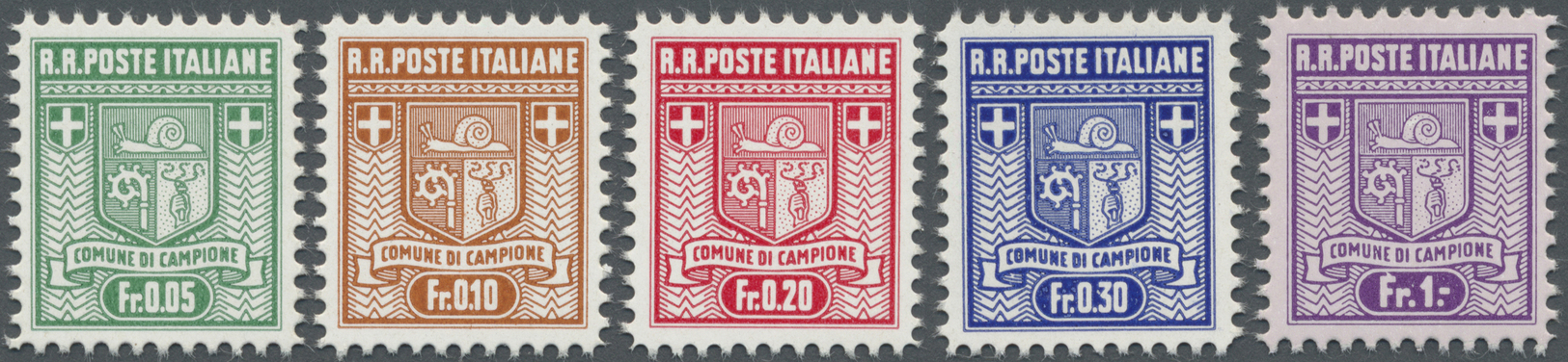 ** Italien - Alliierte Militärregierung - Campione: 1944, 0.05 Fr To 1.00 Fr Coat Of Arms Complete With Plate Fla - Non Classés