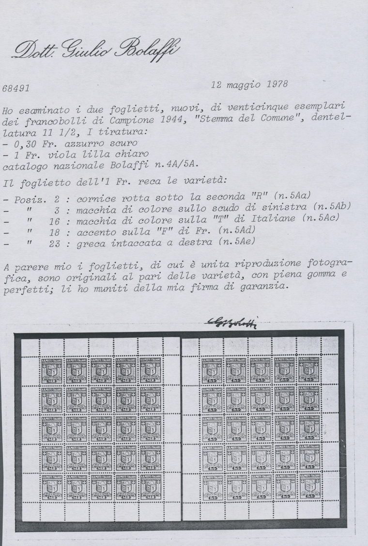 ** Italien - Alliierte Militärregierung - Campione: 1944, 0.05 Fr To 1.00 Fr Coat Of Arms Complete With Plate Fla - Non Classés