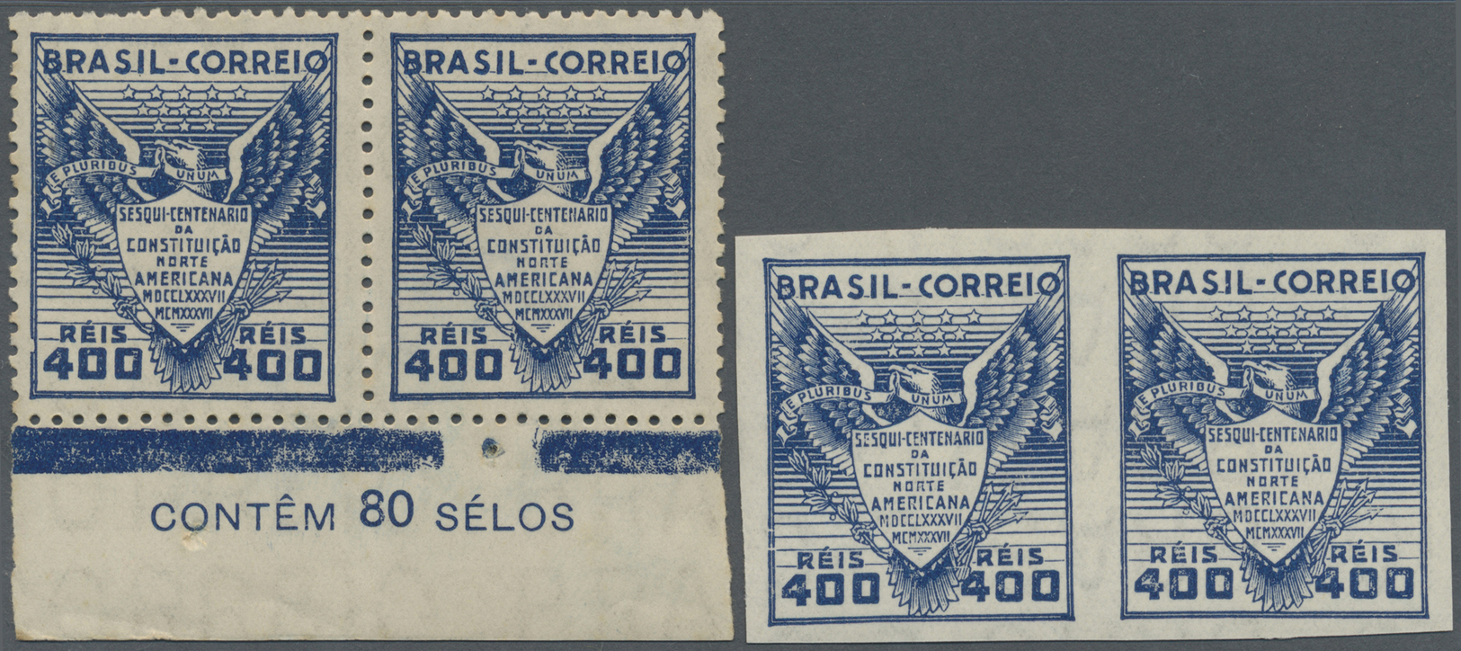 ** Brasilien: 1937, 150th Anniversary Of US Constitution, 400 R. Blue, Imperforated Pair, Unmounted Mint, Signed, Perf.  - Other & Unclassified