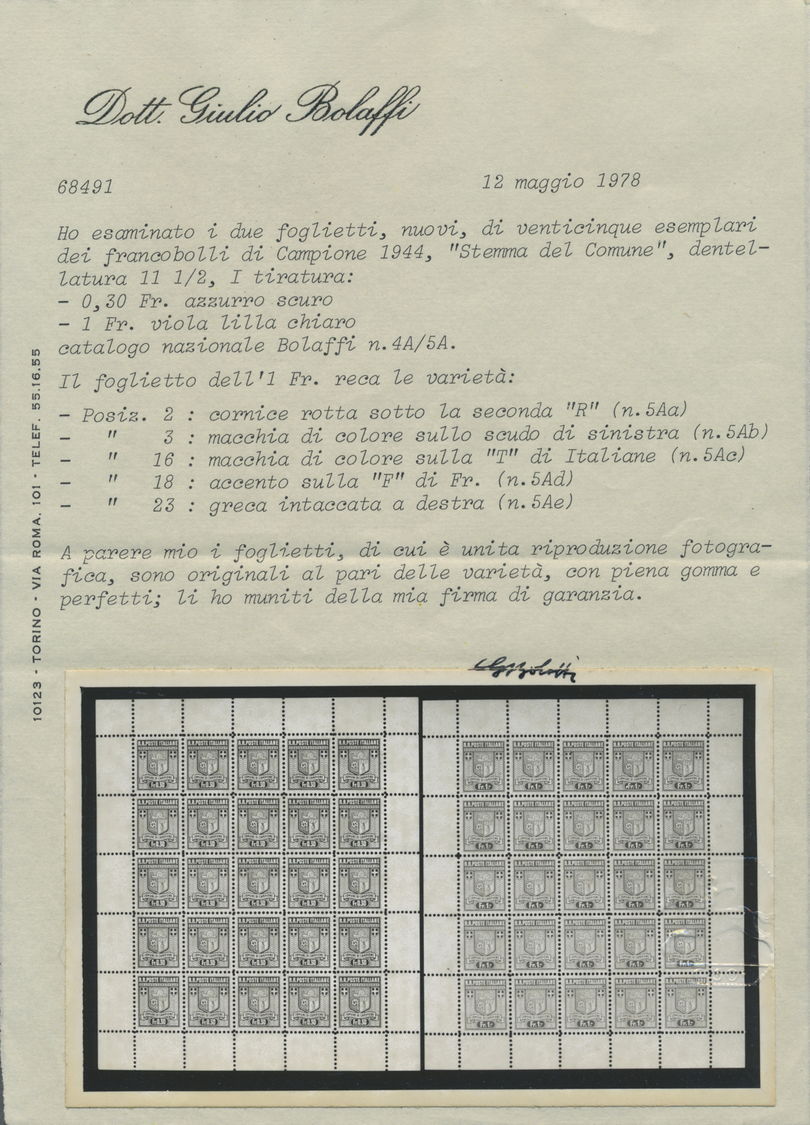 ** Italien - Alliierte Militärregierung - Campione: 1944, Complete Set Corner Margin Block Of Four Mint Never Hin - Non Classés