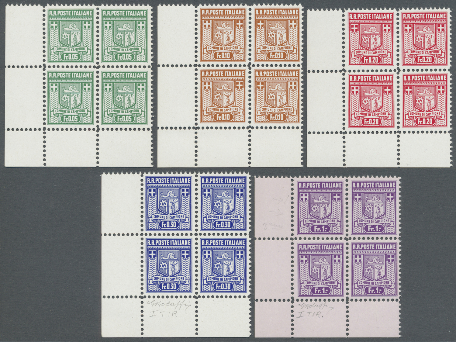 ** Italien - Alliierte Militärregierung - Campione: 1944, Complete Set Corner Margin Block Of Four Mint Never Hin - Non Classés