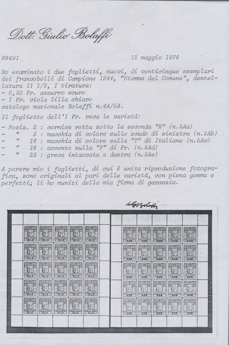 ** Italien - Alliierte Militärregierung - Campione: 1944, Complete Set Corner Margin Block Of Four Mint Never Hin - Unclassified