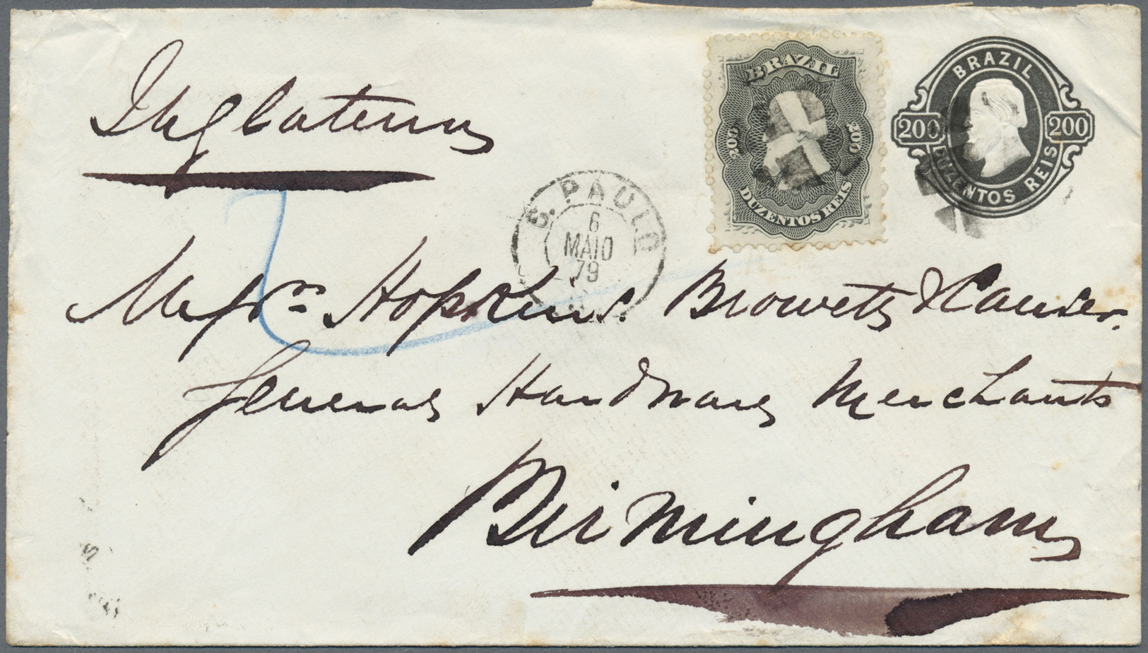 GA Brasilien - Ganzsachen: 1879, 200 R Black Postal Stationery Cover With Additional Franking 200 R From Sao Paulo To Bi - Postal Stationery