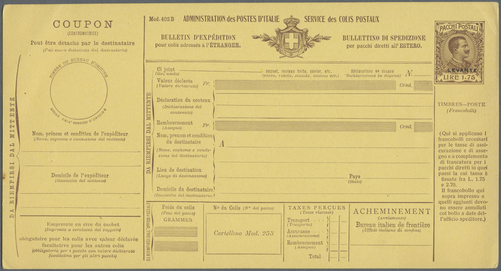 GA Italienische Post in der Levante: 1908: Fünf Paketkartenganzsachen (60 C - 2,70 L ), je ungebraucht, selten. ÷