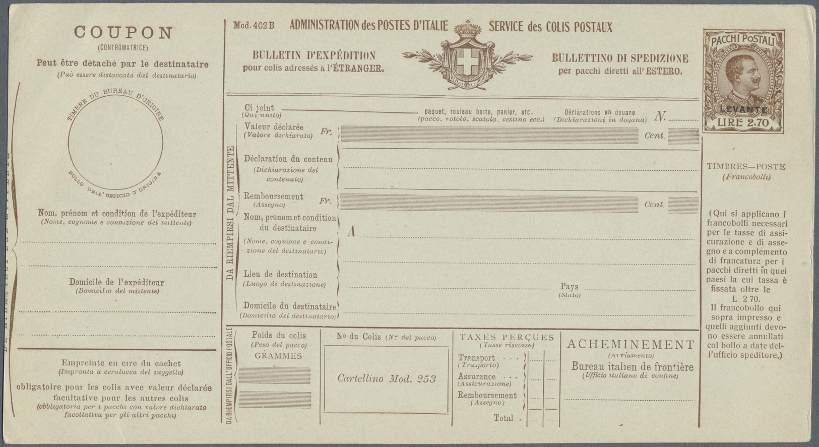 GA Italienische Post in der Levante: 1908: Fünf Paketkartenganzsachen (60 C - 2,70 L ), je ungebraucht, selten. ÷