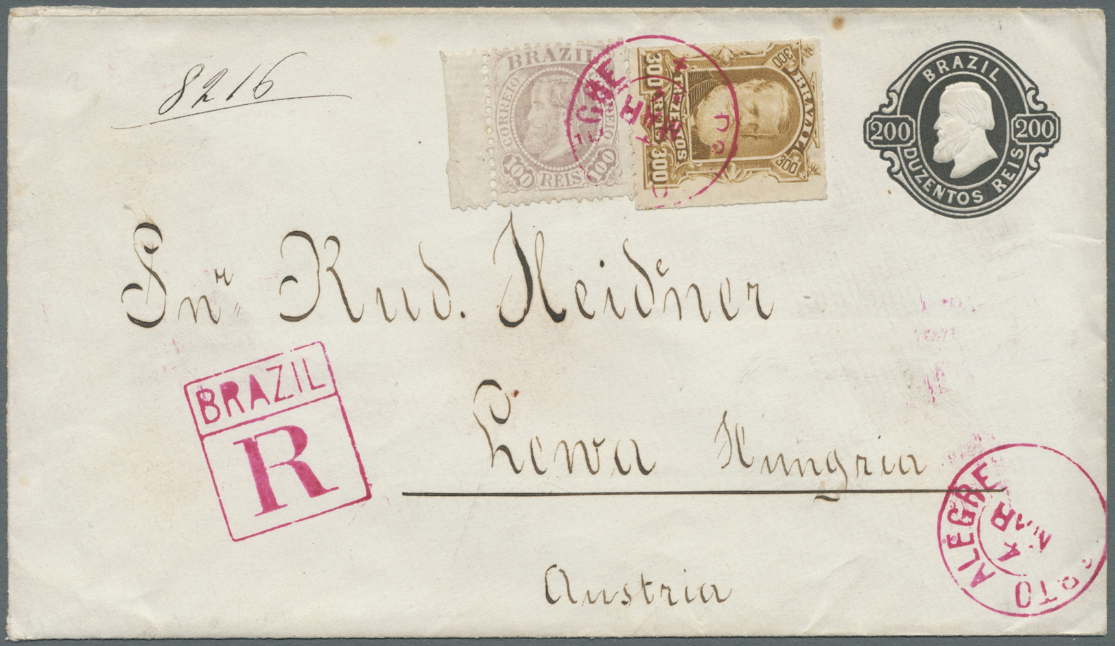 GA Brasilien - Ganzsachen: 1884. Registered Brazil Postal Stationery Envelope 200r Black Upgraded With 'Dom Pedro' Yvert - Interi Postali