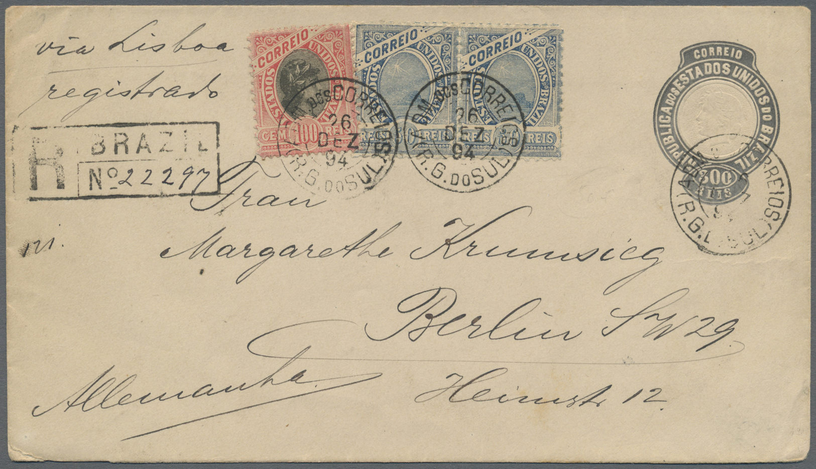 GA Brasilien - Ganzsachen: 1894. Registered Postal Stationery Envelope 300r Grey Upgraded With Yvert 81, 50r Blue (2) An - Postal Stationery