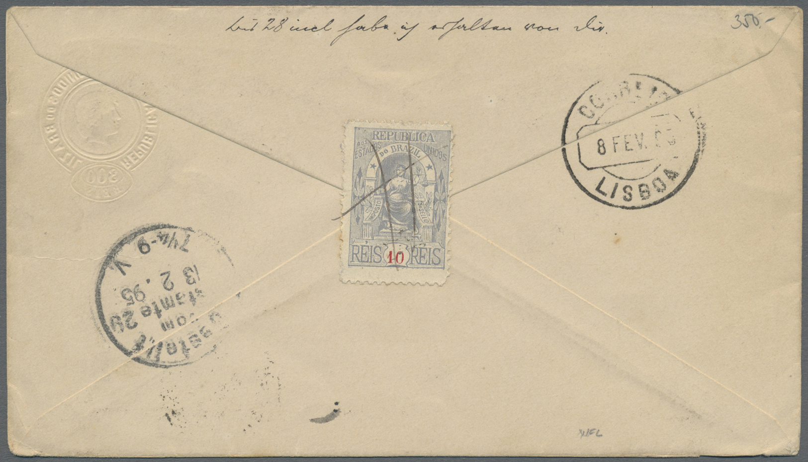 GA Brasilien - Ganzsachen: 1894. Registered Postal Stationery Envelope 300r Grey Upgraded With Yvert 81, 50r Blue (2) An - Postal Stationery