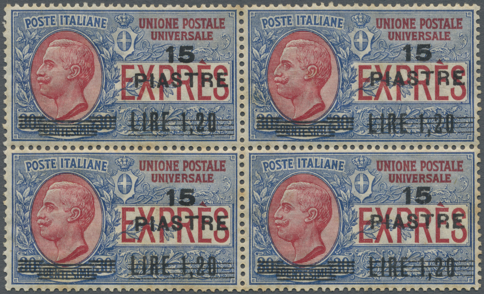 */ Italienische Post In Der Levante: 1922, Eilmarken 15 Pia Auf 1.20 L Auf 30 C, Im Angefalteten Viererblock, Gum - Emissions Générales