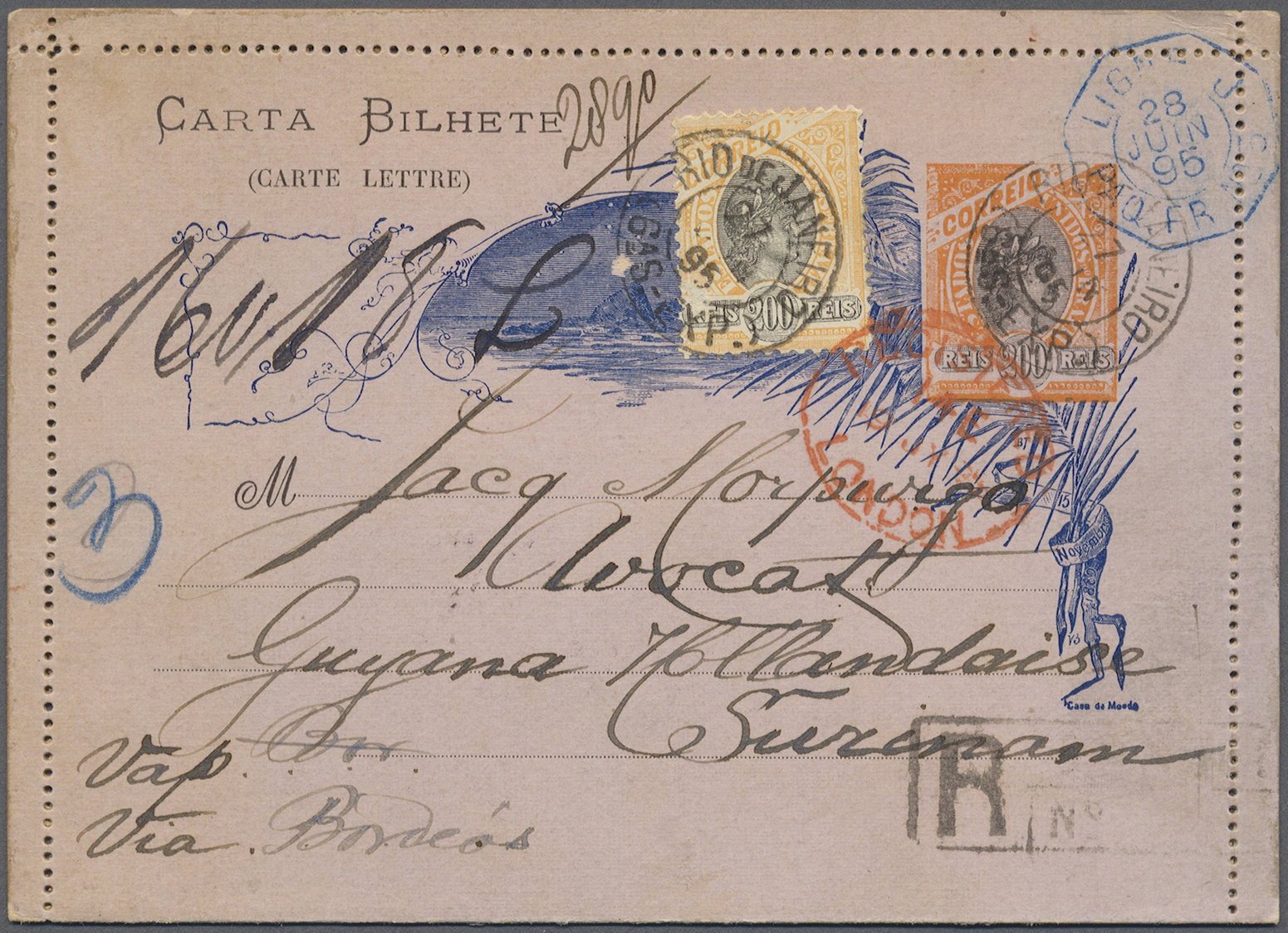 GA Brasilien - Ganzsachen: 1895. Registered Brazil Postal Stationery Letter Card 200r Scarlet Upgraded With Yvert 83, 20 - Postal Stationery