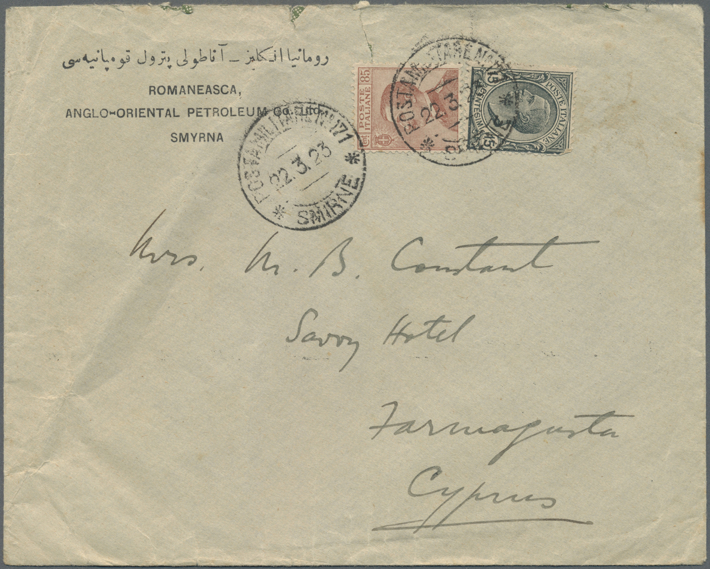 Br Italienische Post In Der Levante: 1922/1923: Three Covers Marked Romanesca Anglo-Oriental Petroleum Co Ltd, Sm - Emissions Générales