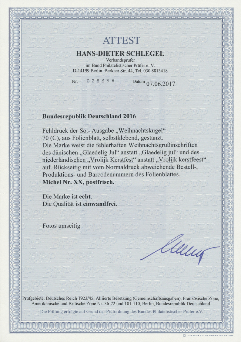** Bundesrepublik Deutschland: 2016. FEHLDRUCK Der Ausgabe "70 (C) Weihnachtskugel" Aus Folienblatt, Se - Andere & Zonder Classificatie