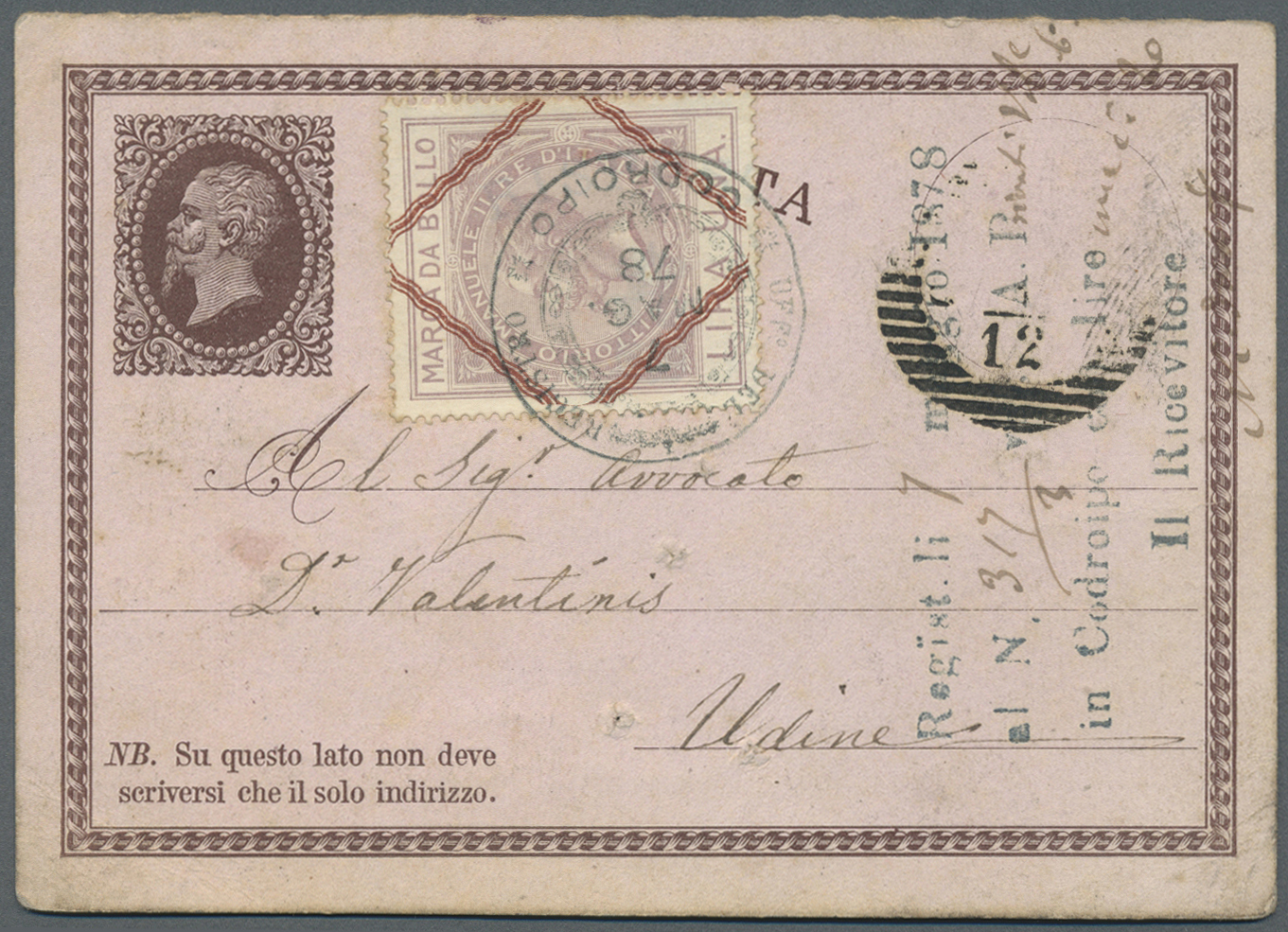 GA Italien - Ganzsachen: 1878: Postal Stationery "Risposta" With Additional "Marca Da Bollo" Lira Una De La Rue T - Entiers Postaux
