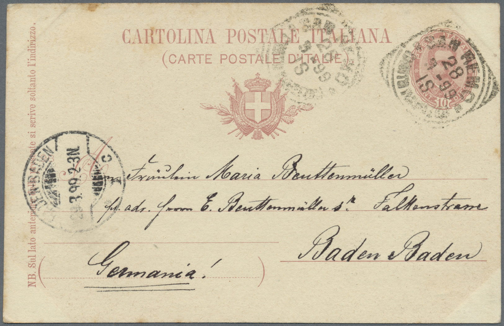 GA Italien - Ganzsachen: 1895, 10 C. Postal Stationery Card With Privat Picture "Villa Zirio!", Used From "SAN RE - Stamped Stationery