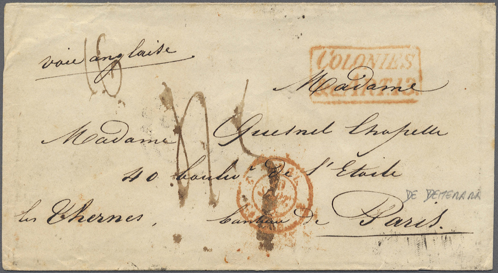 Br Britisch-Guyana: 1853. Stampless Envelope To Paris Cancelled On Reverse Be British Post Office Demerara Endorsed ‘Via - British Guiana (...-1966)