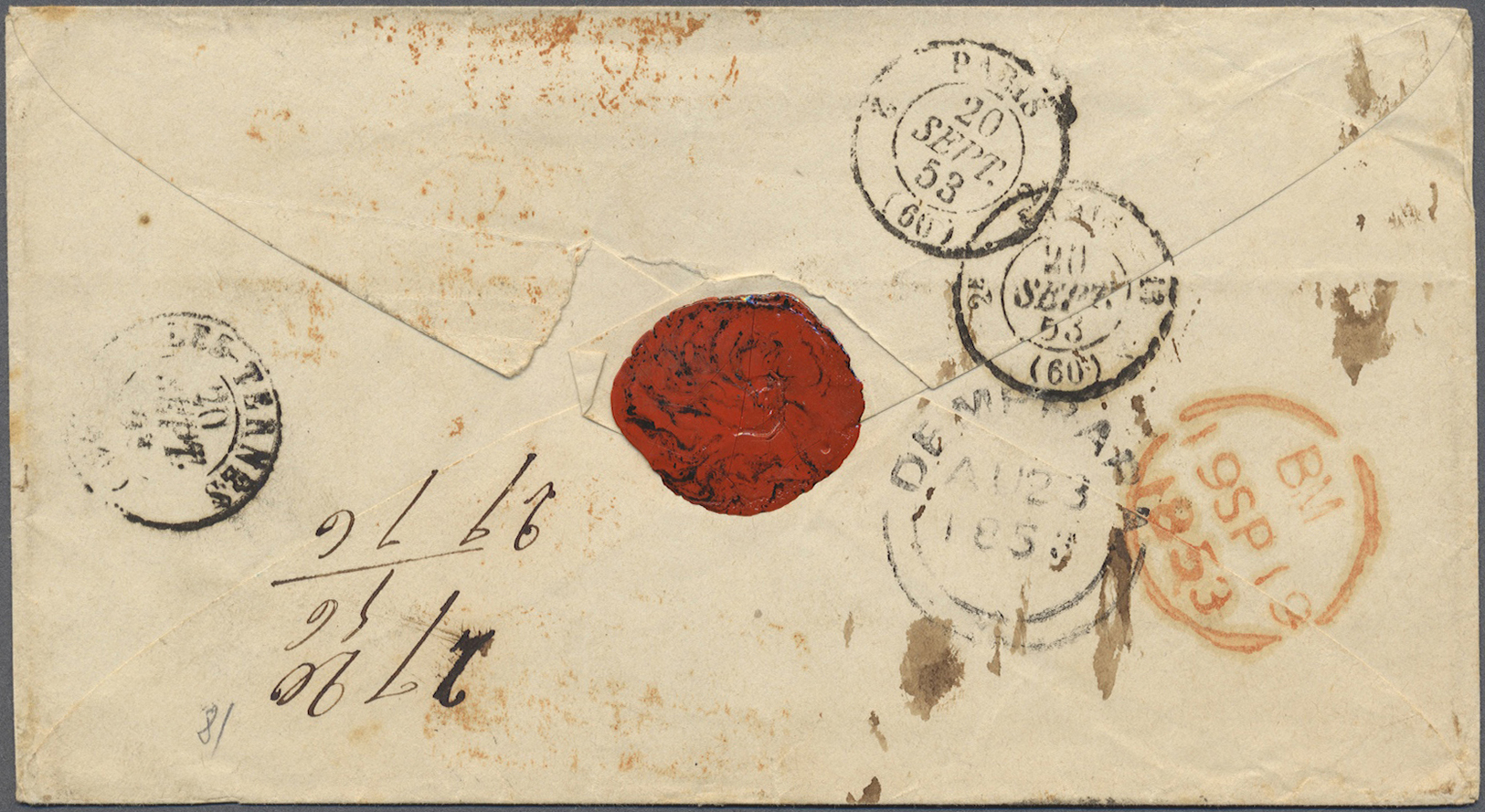 Br Britisch-Guyana: 1853. Stampless Envelope To Paris Cancelled On Reverse Be British Post Office Demerara Endorsed ‘Via - British Guiana (...-1966)