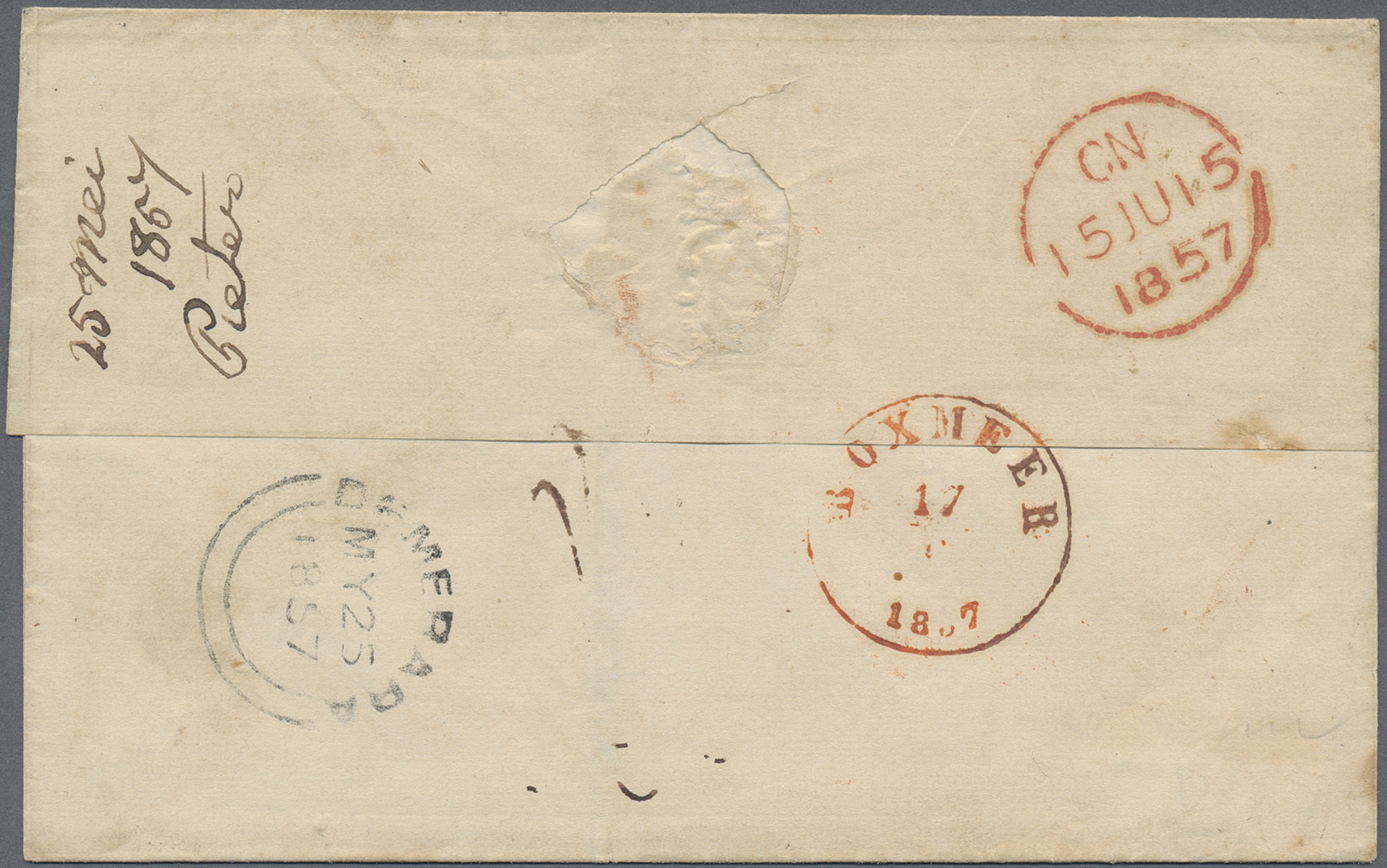 Br Britisch-Guyana: 1857. Stampless Envelope (stains) Addressed To Holland Cancelled By Demerara Double Arc On Reverse ' - British Guiana (...-1966)