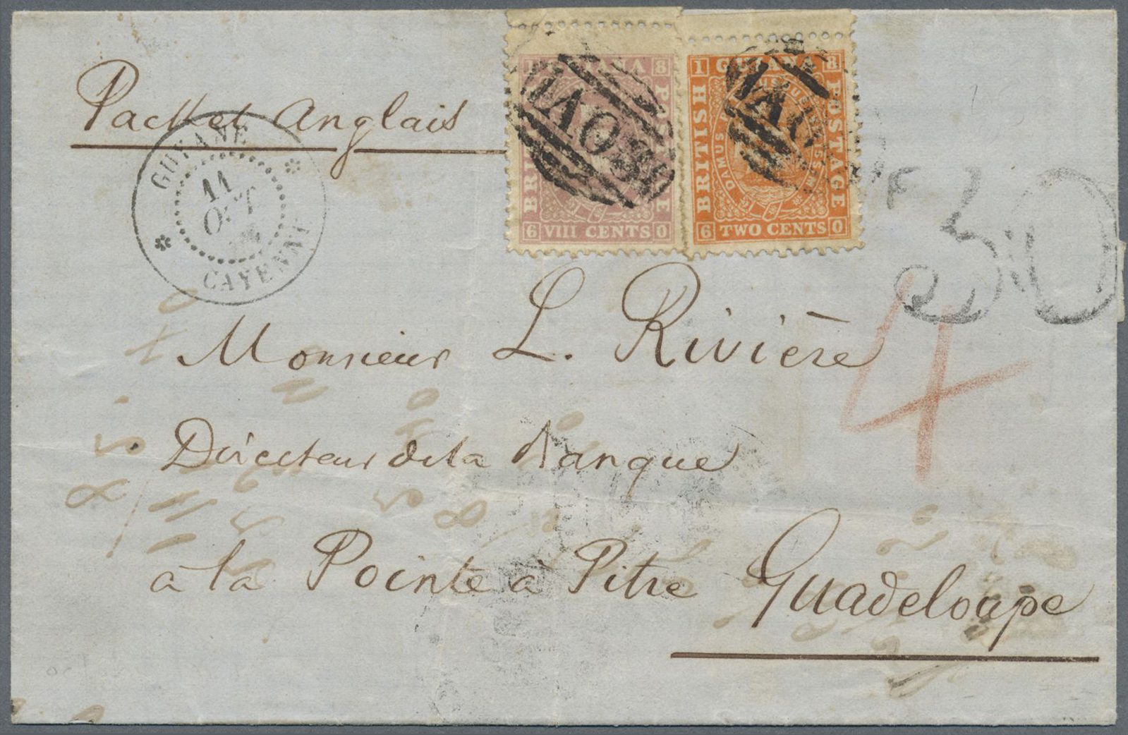 Br Britisch-Guyana: 1868 Folded Letter From Georgetown (Demerara) To Pointe-à-Pitre At The Isle Of GUADELOUPE By British - Guyane Britannique (...-1966)