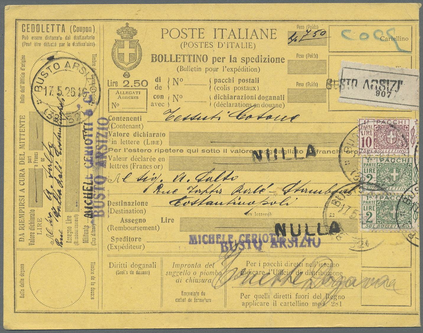 GA Italien - Ganzsachen: 1923/1926 Six Parcel Cards From Italy To Istanbul / Constantinople. Turkish Stamps On Th - Entiers Postaux