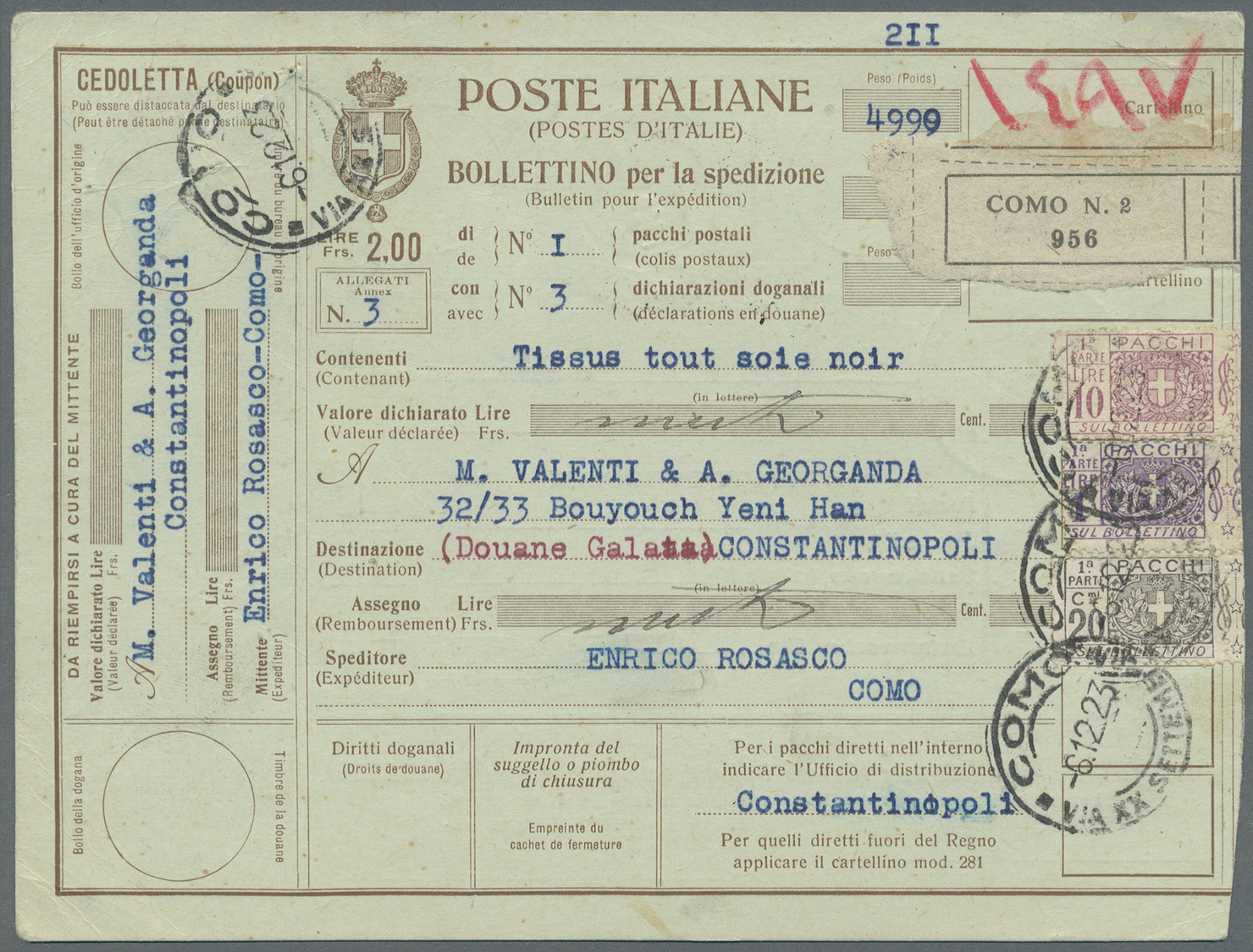 GA Italien - Ganzsachen: 1923/1926 Six Parcel Cards From Italy To Istanbul / Constantinople. Turkish Stamps On Th - Entiers Postaux