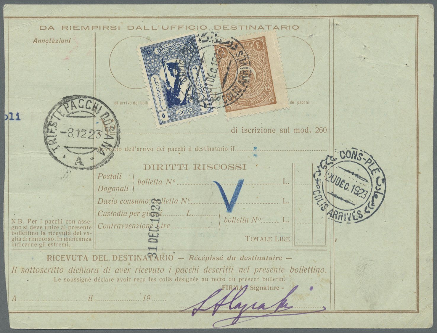 GA Italien - Ganzsachen: 1923/1926 six parcel cards from Italy to Istanbul / Constantinople. Turkish stamps on th