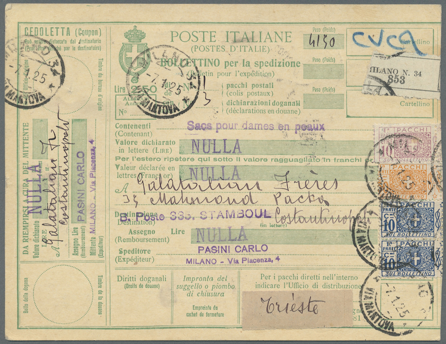 GA Italien - Ganzsachen: 1923/1926 six parcel cards from Italy to Istanbul / Constantinople. Turkish stamps on th