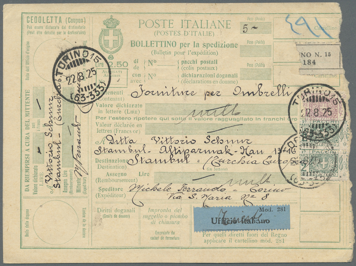 GA Italien - Ganzsachen: 1923/1926 six parcel cards from Italy to Istanbul / Constantinople. Turkish stamps on th