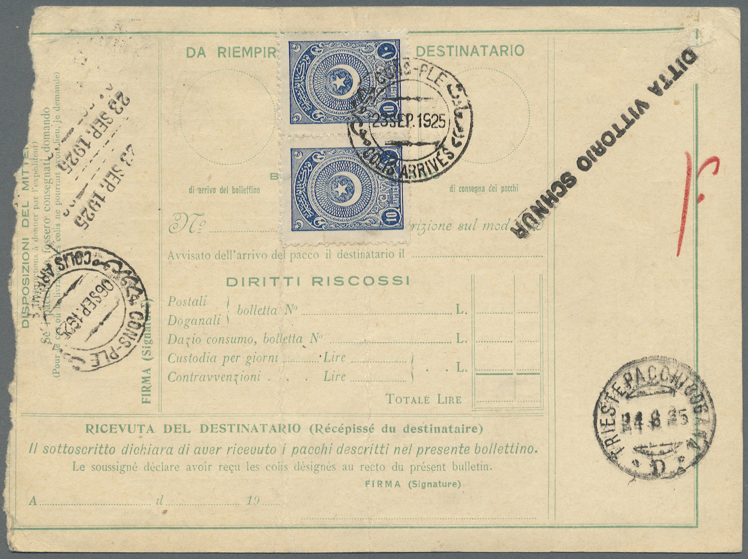 GA Italien - Ganzsachen: 1923/1926 six parcel cards from Italy to Istanbul / Constantinople. Turkish stamps on th