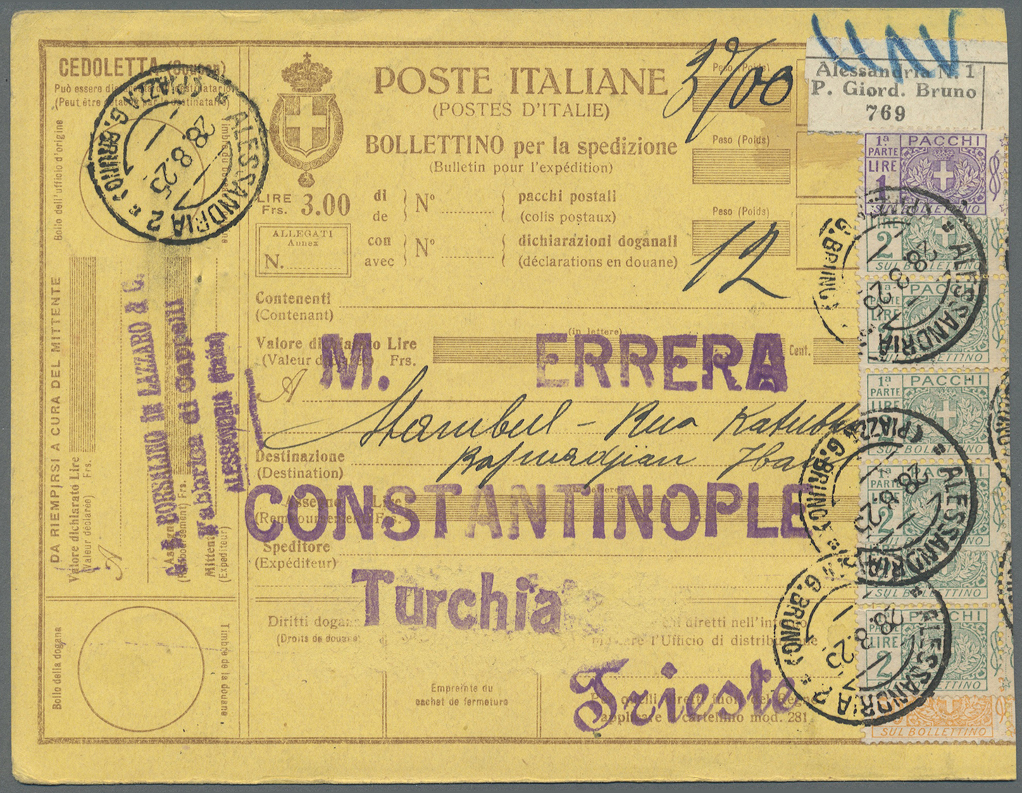 GA Italien - Ganzsachen: 1923/1926 six parcel cards from Italy to Istanbul / Constantinople. Turkish stamps on th