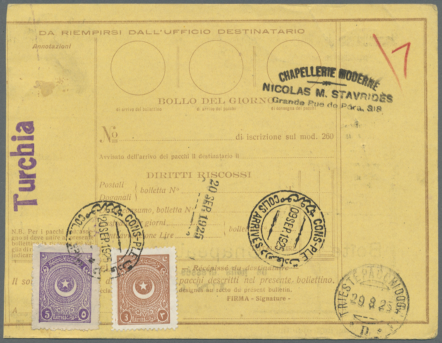 GA Italien - Ganzsachen: 1923/1926 six parcel cards from Italy to Istanbul / Constantinople. Turkish stamps on th