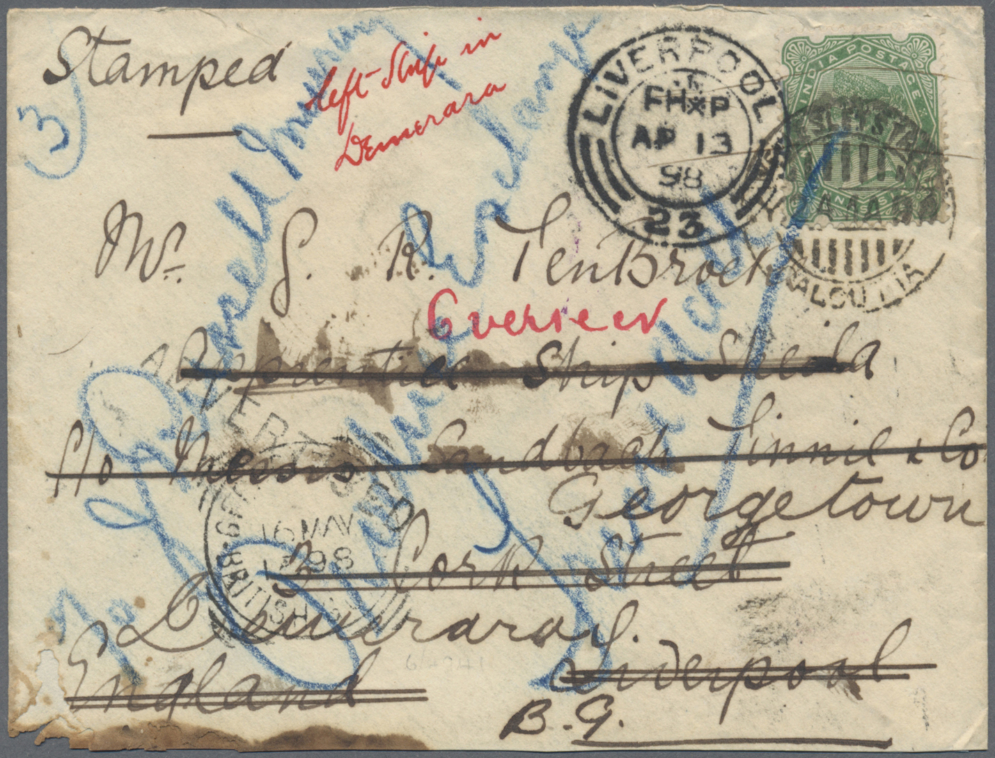 Br Britisch-Guyana: 1898. Envelope Written From Calcutta Addressed To ‘S.R. Tenbroert, Apprentice Ship “Sheila” Cork St. - British Guiana (...-1966)