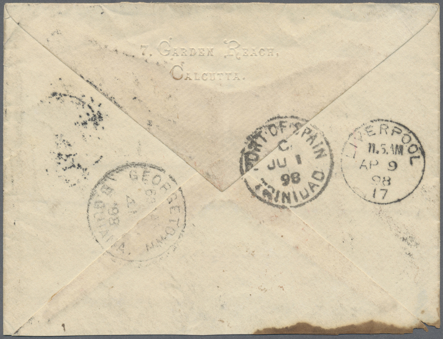 Br Britisch-Guyana: 1898. Envelope Written From Calcutta Addressed To ‘S.R. Tenbroert, Apprentice Ship “Sheila” Cork St. - British Guiana (...-1966)