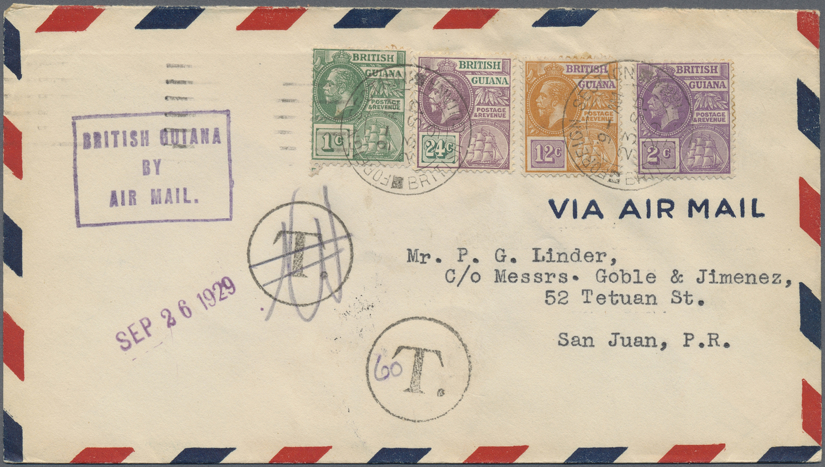 Br Britisch-Guyana: 1929. Air Mail Envelope Addressed To Porto Rico Bearing SG 272, 3c Green, SG 274, 2c Violet, SG 277, - British Guiana (...-1966)