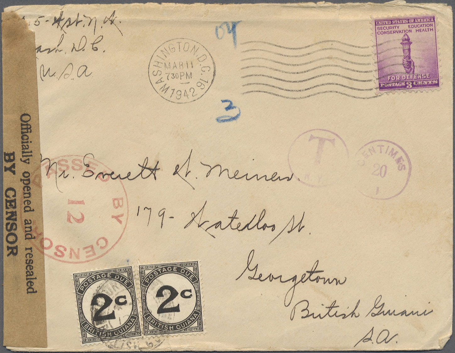 Br Britisch-Guyana: 1942. Incoming Mail From The United States Bearing 3 C Violet Tied By Washington D.C. Roller, Underp - British Guiana (...-1966)
