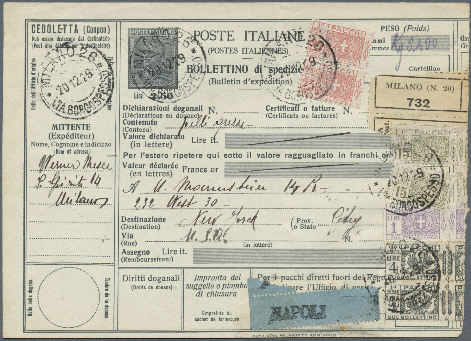 GA Italien - Ganzsachen: 1929 2 Packet Cards From Milano Into The U.S.A With Interesting Additional Parcel Stamps - Entiers Postaux