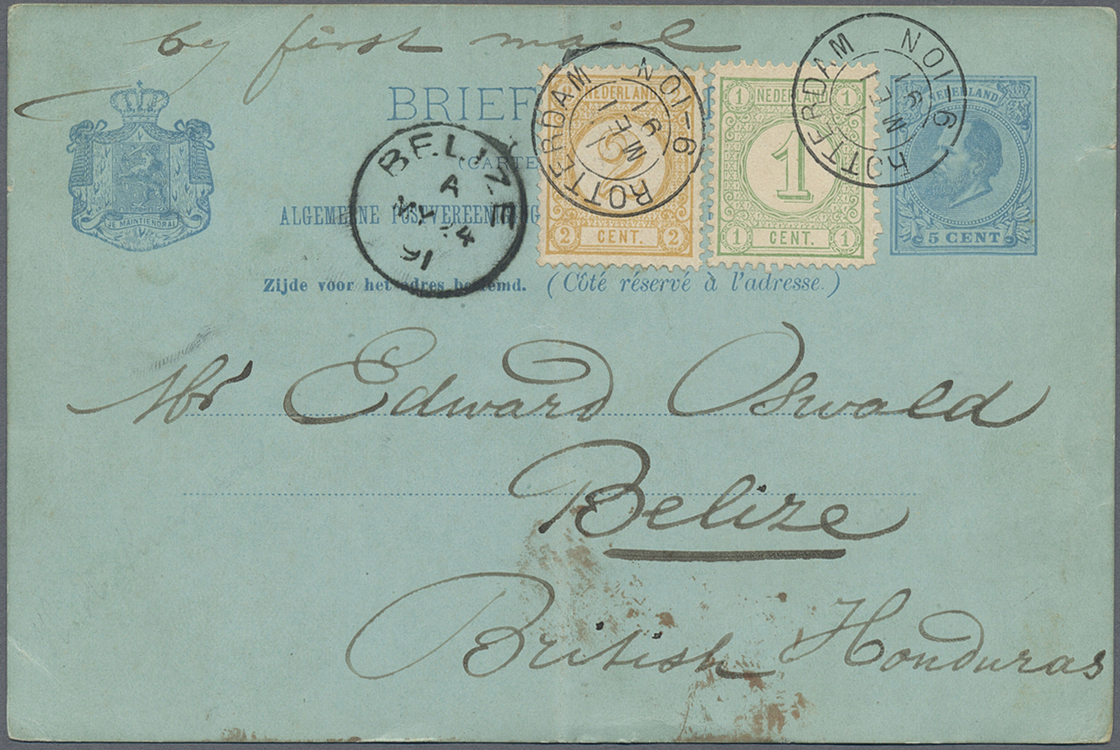 GA Britisch-Honduras: 1891. Netherlands Postal Stationery Card 5c Blue (vertical Fold, Hinges On The Reverse) Upgraded W - Honduras Britannique (...-1970)