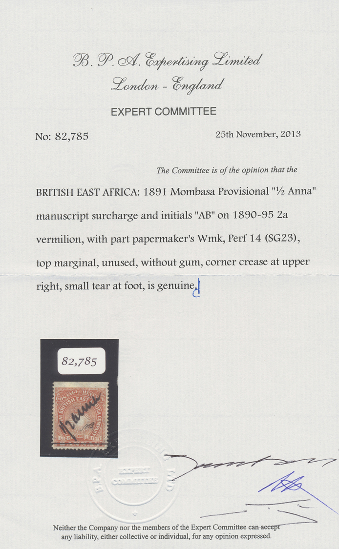 (*) Britisch-Ostafrika Und Uganda: 1891 "Lamu Provisional" With Thick Manuscript "½ Anna" On 2a. Vermilion From The Top  - East Africa & Uganda Protectorates