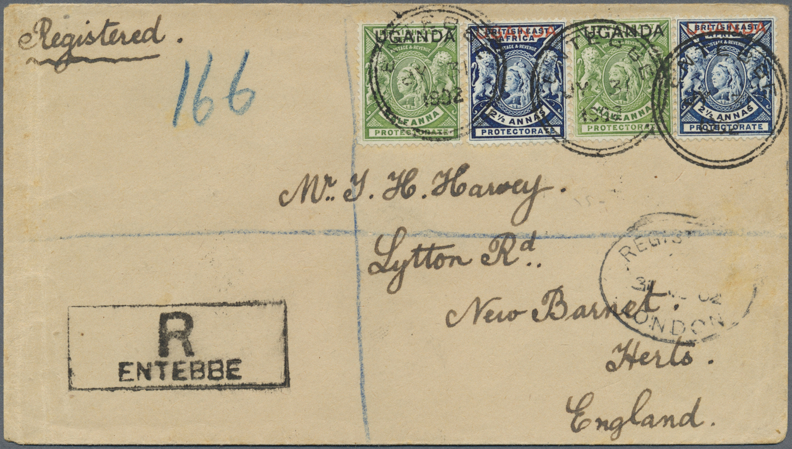 Br Britisch-Ostafrika Und Uganda: 1902. Registered Envelope Addressed To London Bearing Uganda SG 92, ½d Yellow Green (2 - East Africa & Uganda Protectorates