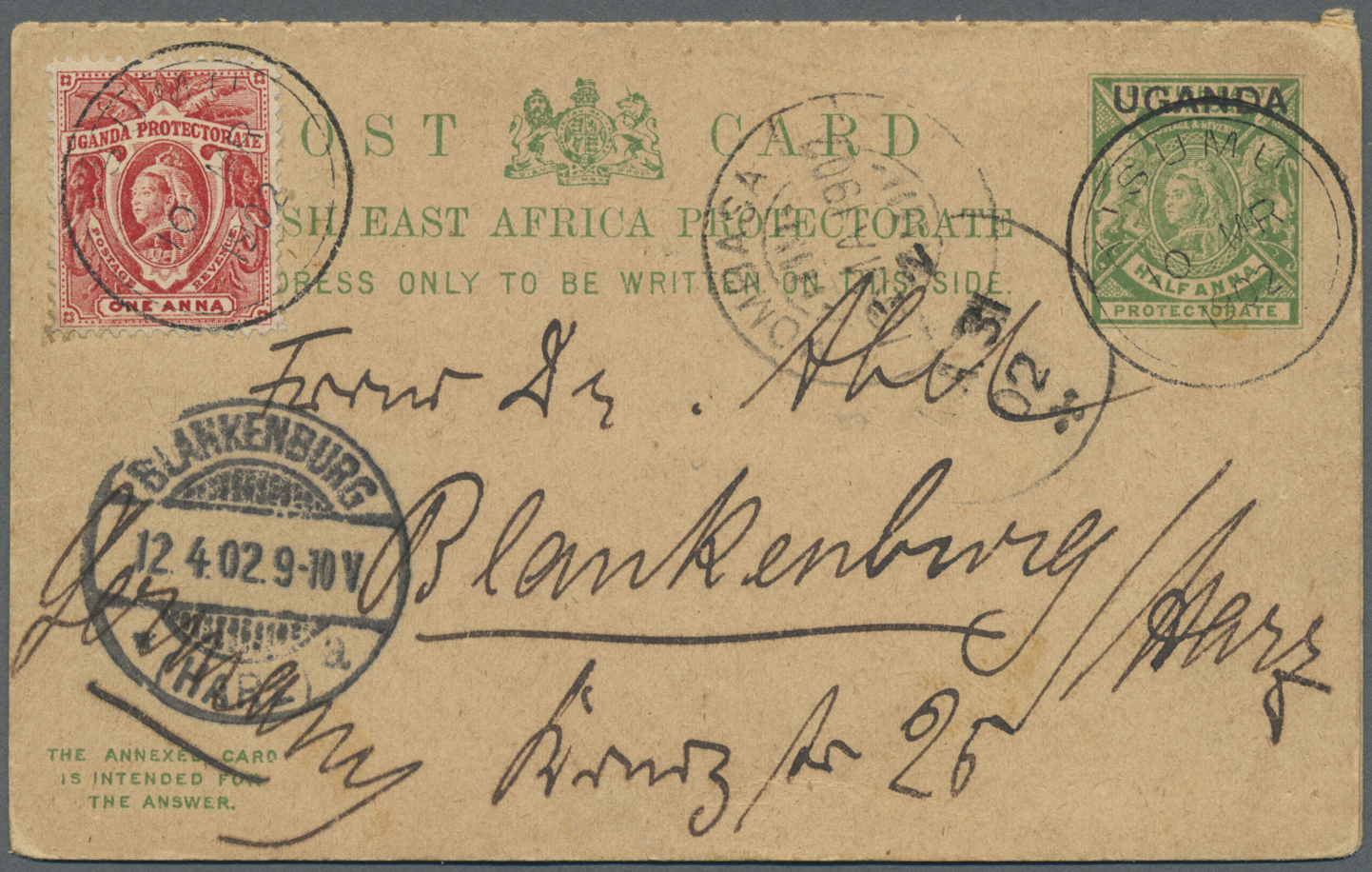 GA Britisch-Ostafrika Und Uganda: 1902. Uganda Postal Stationery Double Reply Card Half Anna Green Upgraded With SG 66,  - East Africa & Uganda Protectorates