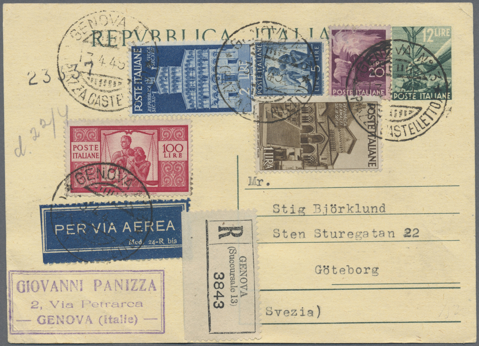 GA Italien - Ganzsachen: 1949: Postal Stationery 12 Lire Democratica Green, In Rare 140 Lire Tarif From "GENOVA 1 - Entiers Postaux