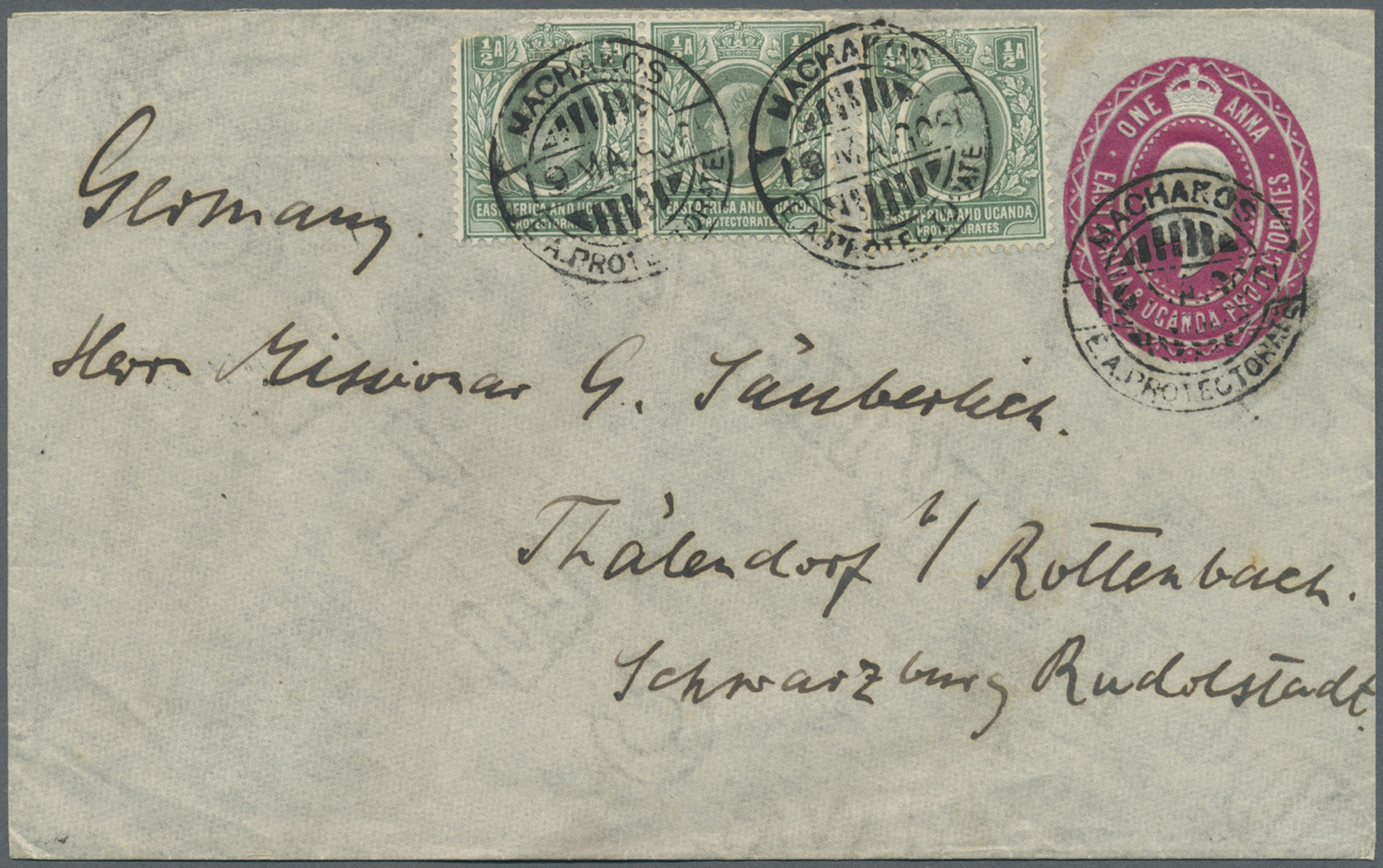 GA Britisch-Ostafrika Und Uganda: 1905. Postal Stationery Envelope One Anna Carmine Upgraded With SG 17, ½a Grey Green ( - East Africa & Uganda Protectorates