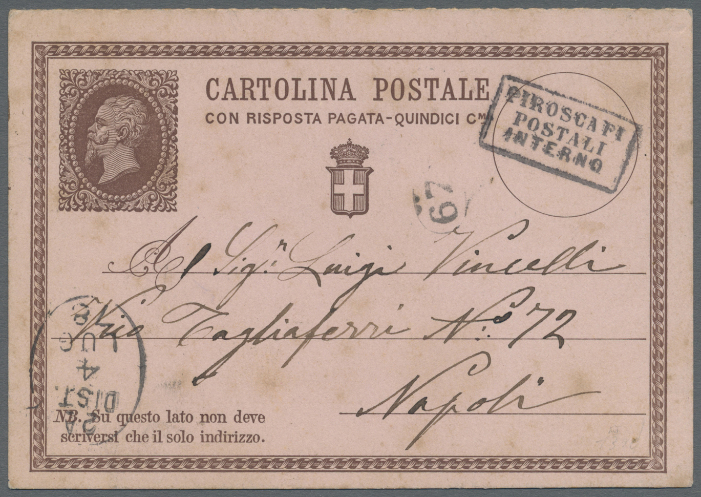 GA Italien - Stempel: 1878, Italian Postal Stationery "Cartolina Postale Con Risposta Pagata Quindici Cmi", Tied - Marcophilia