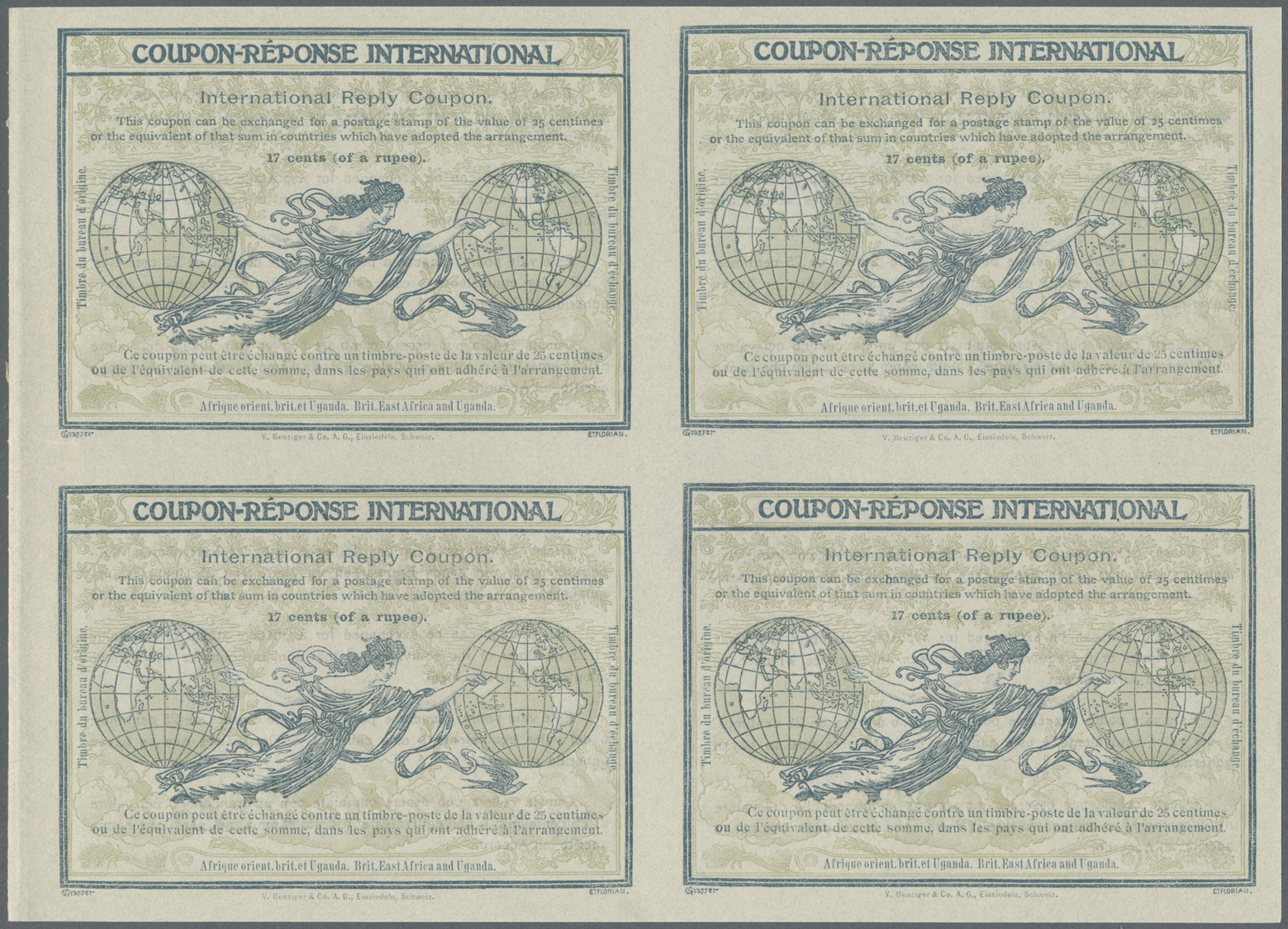 GA Britisch-Ostafrika Und Uganda: Design "Rome" 1906 International Reply Coupon As Block Of Four 17 C. Brit. East Africa - East Africa & Uganda Protectorates