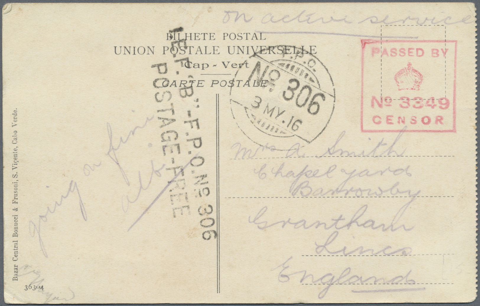 Br Britisch-Ostafrika Und Uganda: 1916. Stampless Picture Post Card Of 'Cape Verde' Addressed To England Endorsed 'On Ac - East Africa & Uganda Protectorates