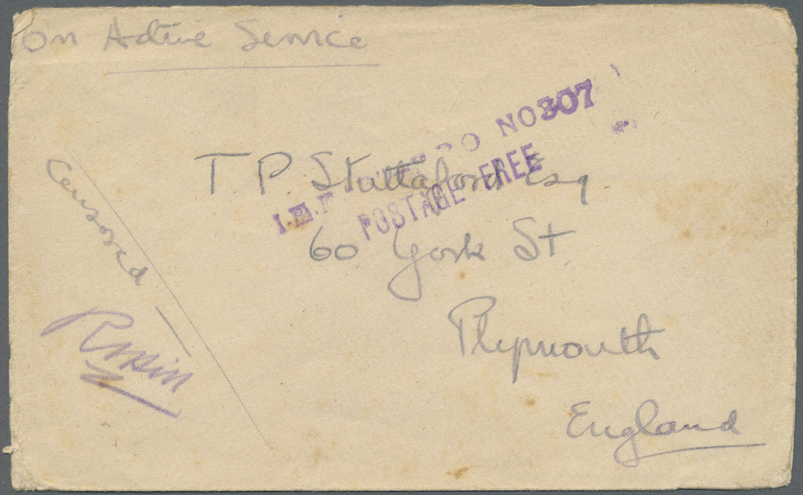 Br Britisch-Ostafrika Und Uganda: 1916. Stampless Envelope Addressed To England Endorsed 'On Active Service' Cancelled B - East Africa & Uganda Protectorates