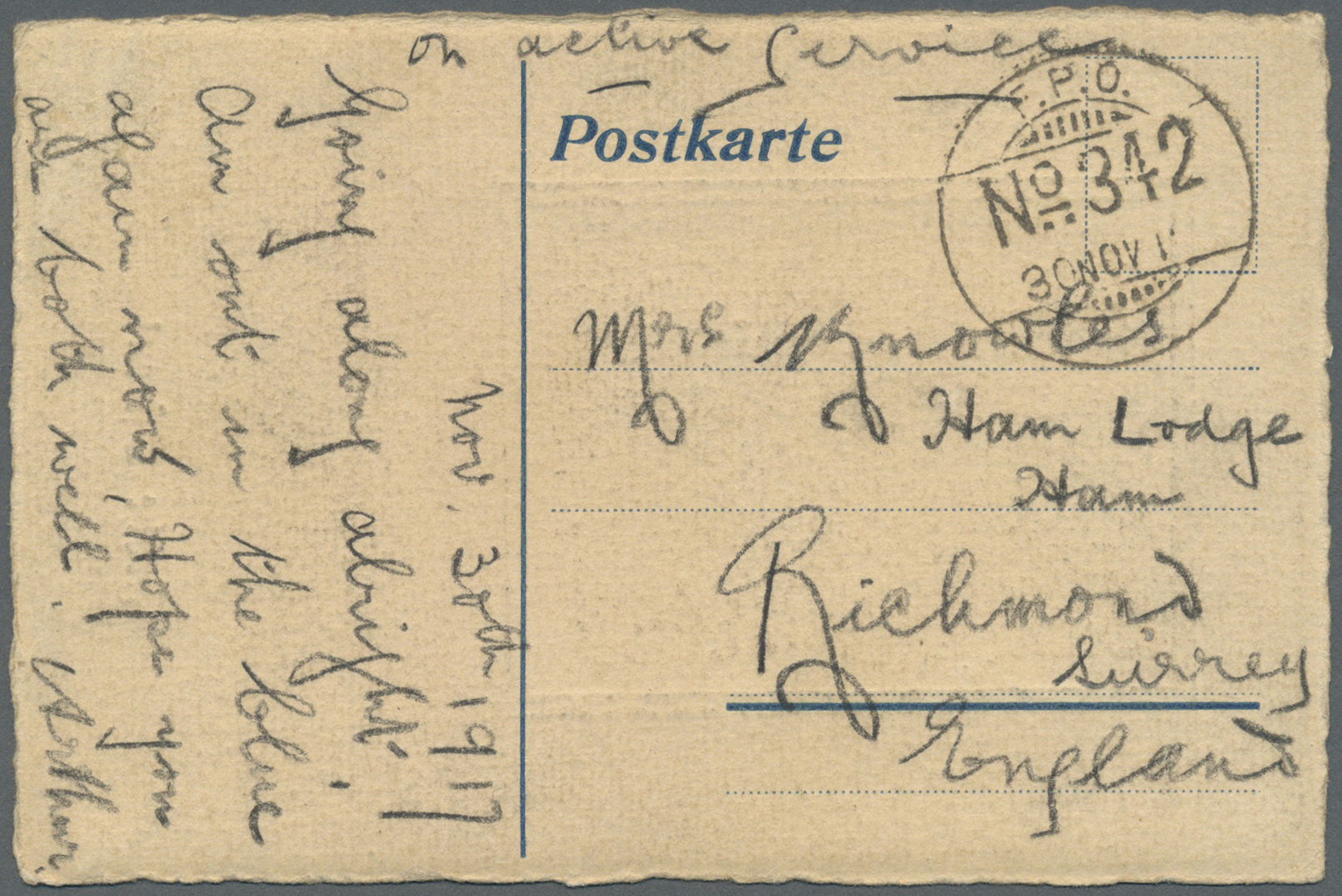 Br Britisch-Ostafrika Und Uganda: 1916. Stampless Picture Post Card Endorsed 'On Active Service' Addressed To England Ca - Protettorati De Africa Orientale E Uganda